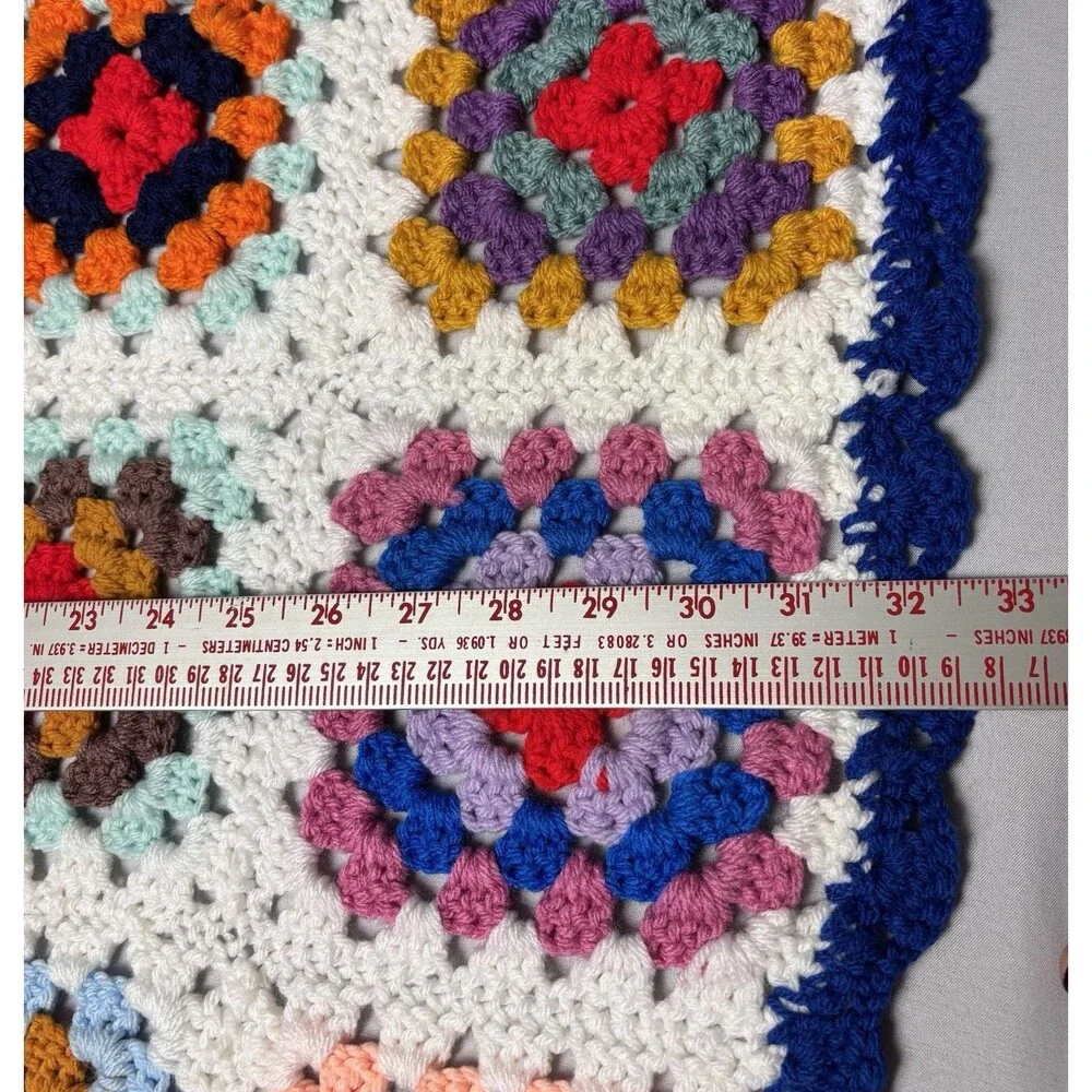 Vtg Colorful Granny Square Crochet Crib Blanket Throw Dark Blue Trim 32 X 32